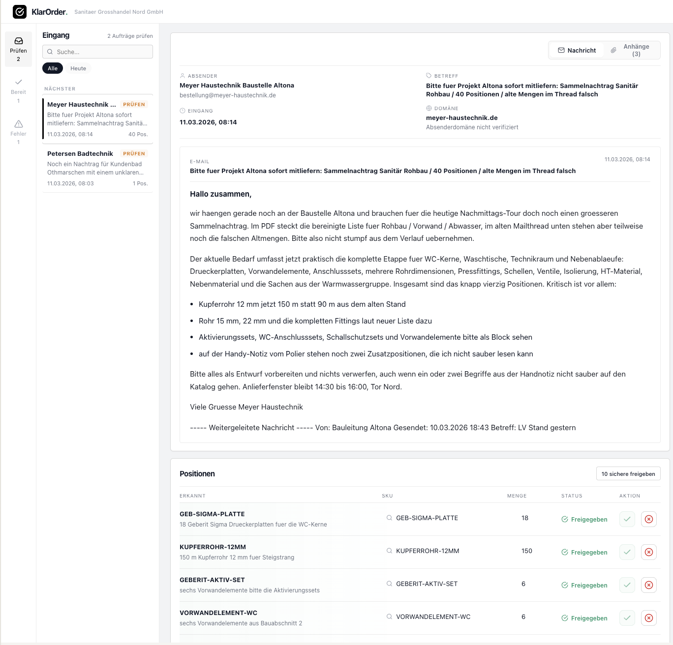 KlarOrder Eingangsliste mit priorisierten Aufträgen und vorbereiteten Positionen