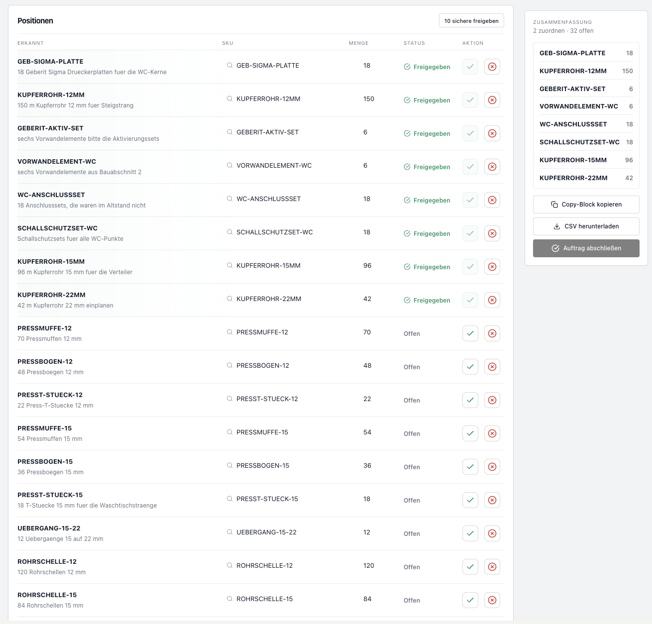 KlarOrder Positionsprüfung mit Freigaben, Zusammenfassung und Export-Aktionen